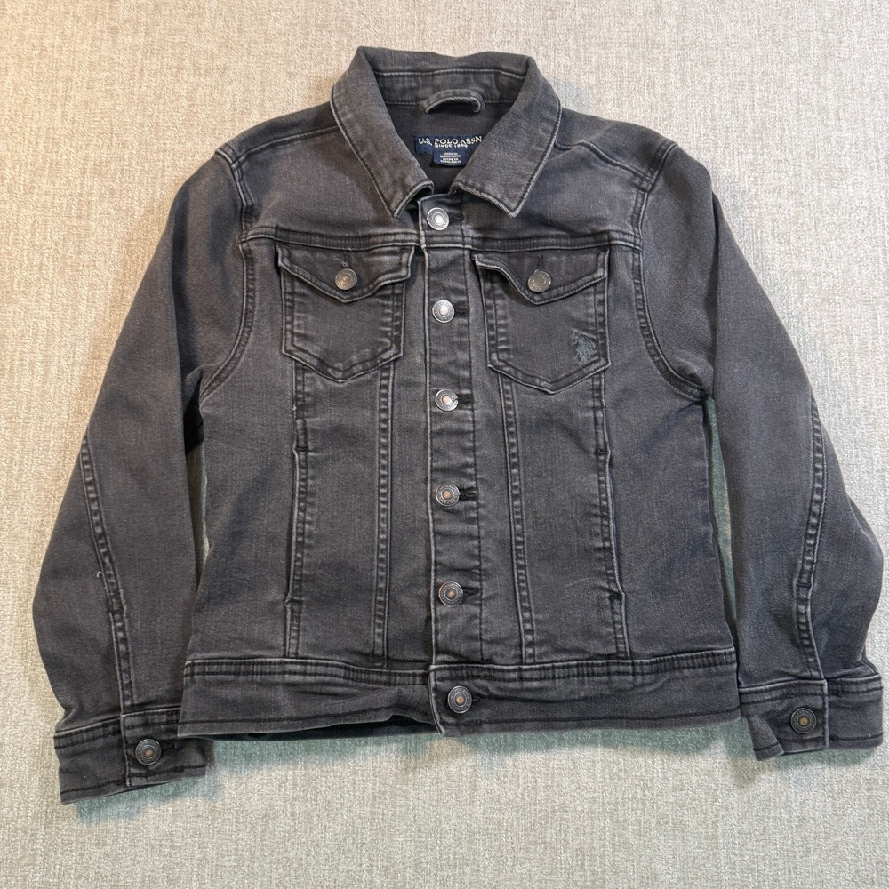US Polo Assn Boys Denim Jacket Black Washed Trucker Coat Size M 8 Medium